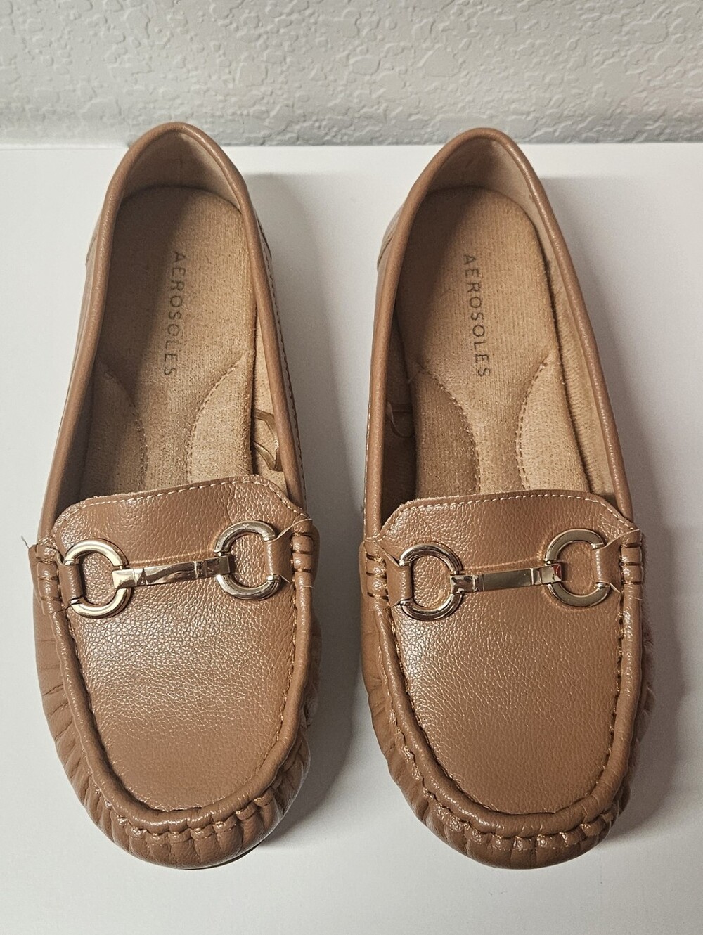 Aerosoles Women's Tan Leather Moccasin Loafers with Gold Bit